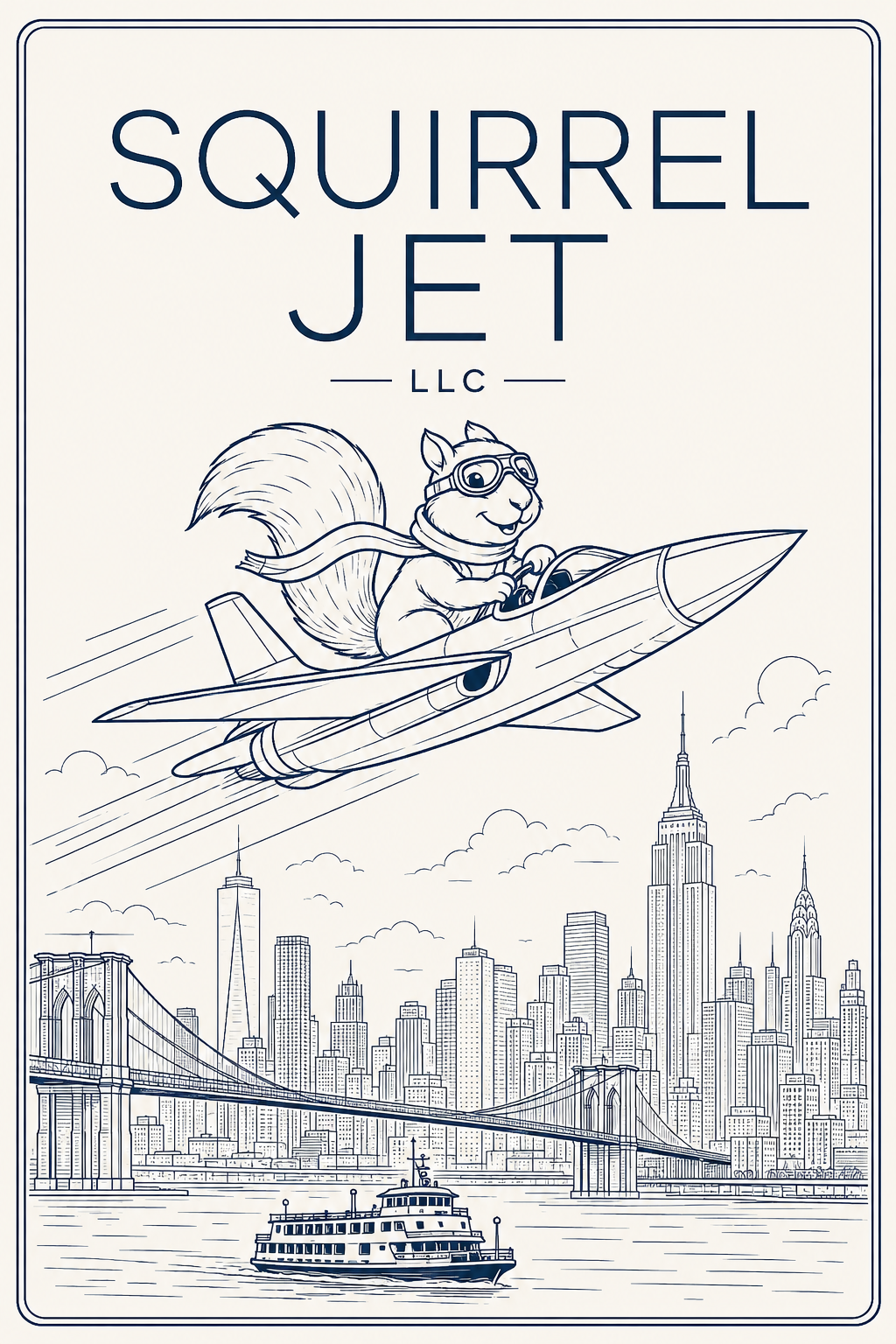 SquirrelJet LLC logo with a squirrel flying a jet over a New York skyline